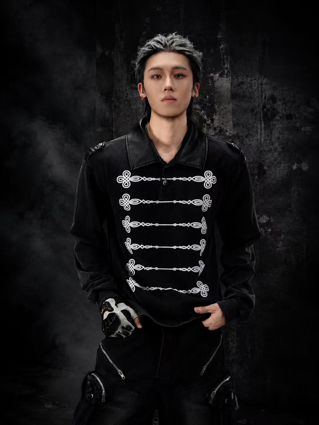VINTAGE LEATHER LAPEL LONG‑SLEEVE UNISEX POLO SHIRT