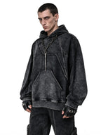 Deconstructed cardigan with safety pin accents features unfinished raw fabric cuts and decorative safety pin detailing, bringing handcrafted punk-inspired texture and avant-garde slouchy streetwear silhouette for unique layered outfits.
