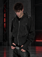 WASHED FAUX LEATHER ARMOR‑SHOULDER MULTI‑POCKET HOODIE