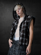 HEAVY-DUTY RIVET PLAID DIRTY WASHED SLEEVELESS HOODED VEST