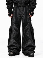 Edgy outerwear with draped asymmetric front showcases fluid draped fabric and uneven off-center front construction, creating dramatic unbalanced lines and avant-garde rebellious street aesthetics.