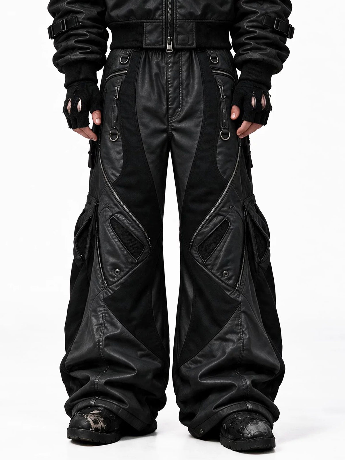 Edgy outerwear with draped asymmetric front showcases fluid draped fabric and uneven off-center front construction, creating dramatic unbalanced lines and avant-garde rebellious street aesthetics.