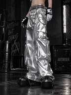 PUNK SILVER CARGO SHINY COATED WIDE STRAIGHT LEG PANTS