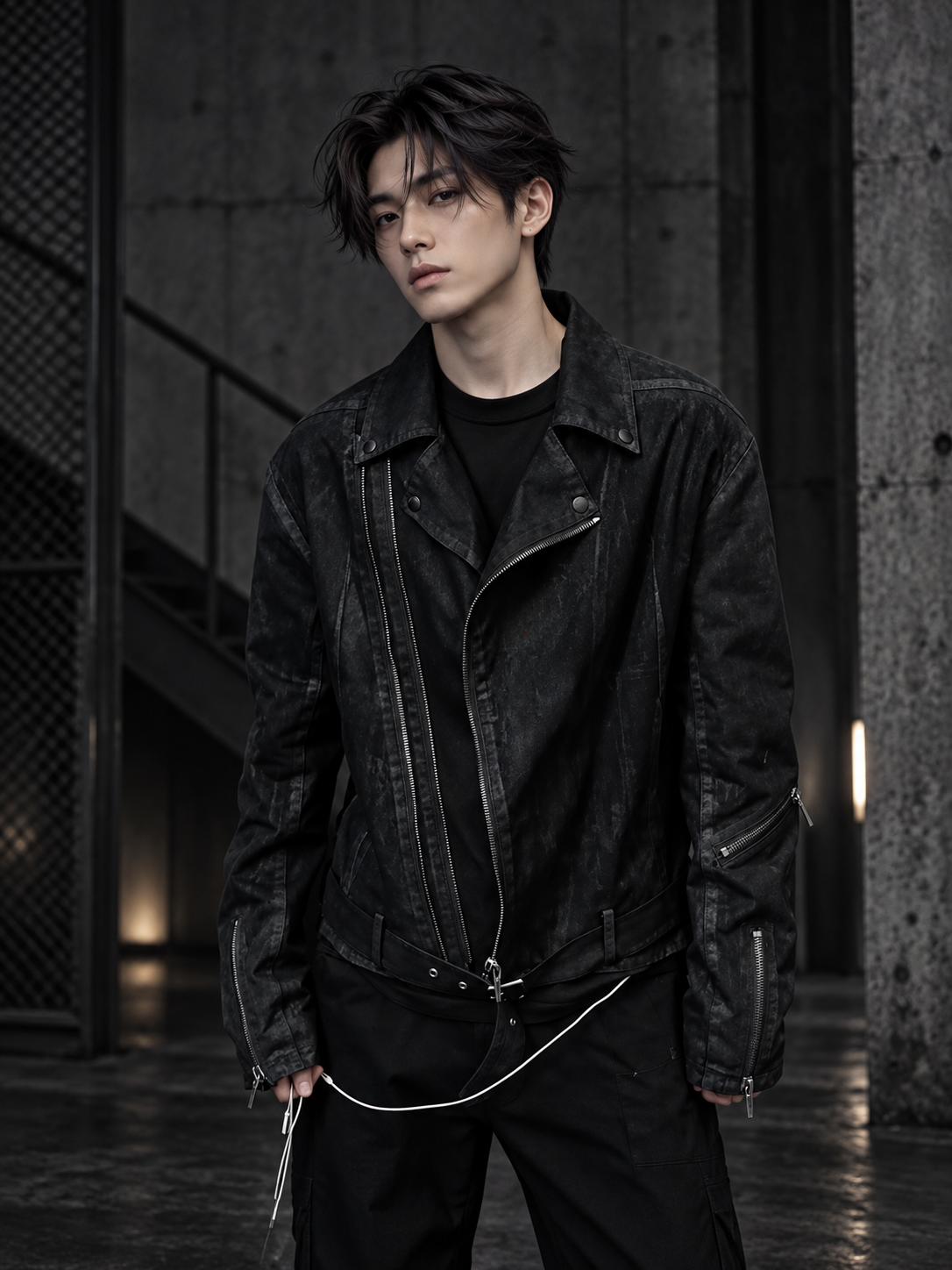 HEAVY‑DUTY WAXED LAPEL COLLAR DUAL‑ZIPPER CROPPED WIDE TWILL BIKER JACKET