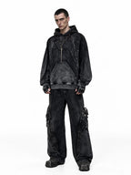 Faded wide leg pant with raw hem presents vintage faded coloring and unfinished raw frayed hems, offering casual slouchy drape and rugged deconstructed texture for utility streetwear looks.