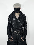 Grunge raw cut paneled denim jacket features raw cut edges and spliced denim panels, capturing rugged grunge streetwear charm.