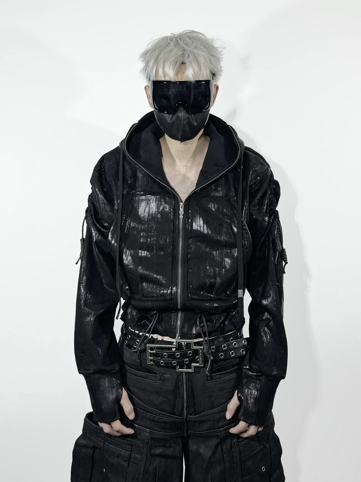 Grunge raw cut paneled denim jacket features raw cut edges and spliced denim panels, capturing rugged grunge streetwear charm.