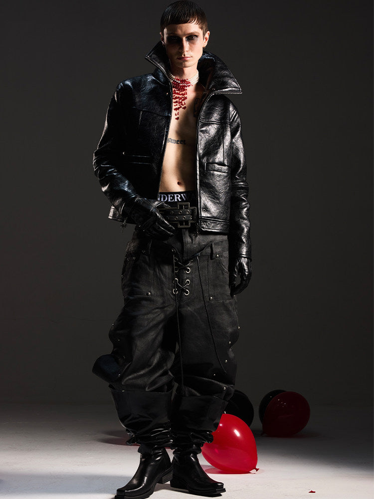 DARKPTPTS VINTAGE DARK CRACKED CROPPED PU LEATHER BIKER JACKET Secondary image