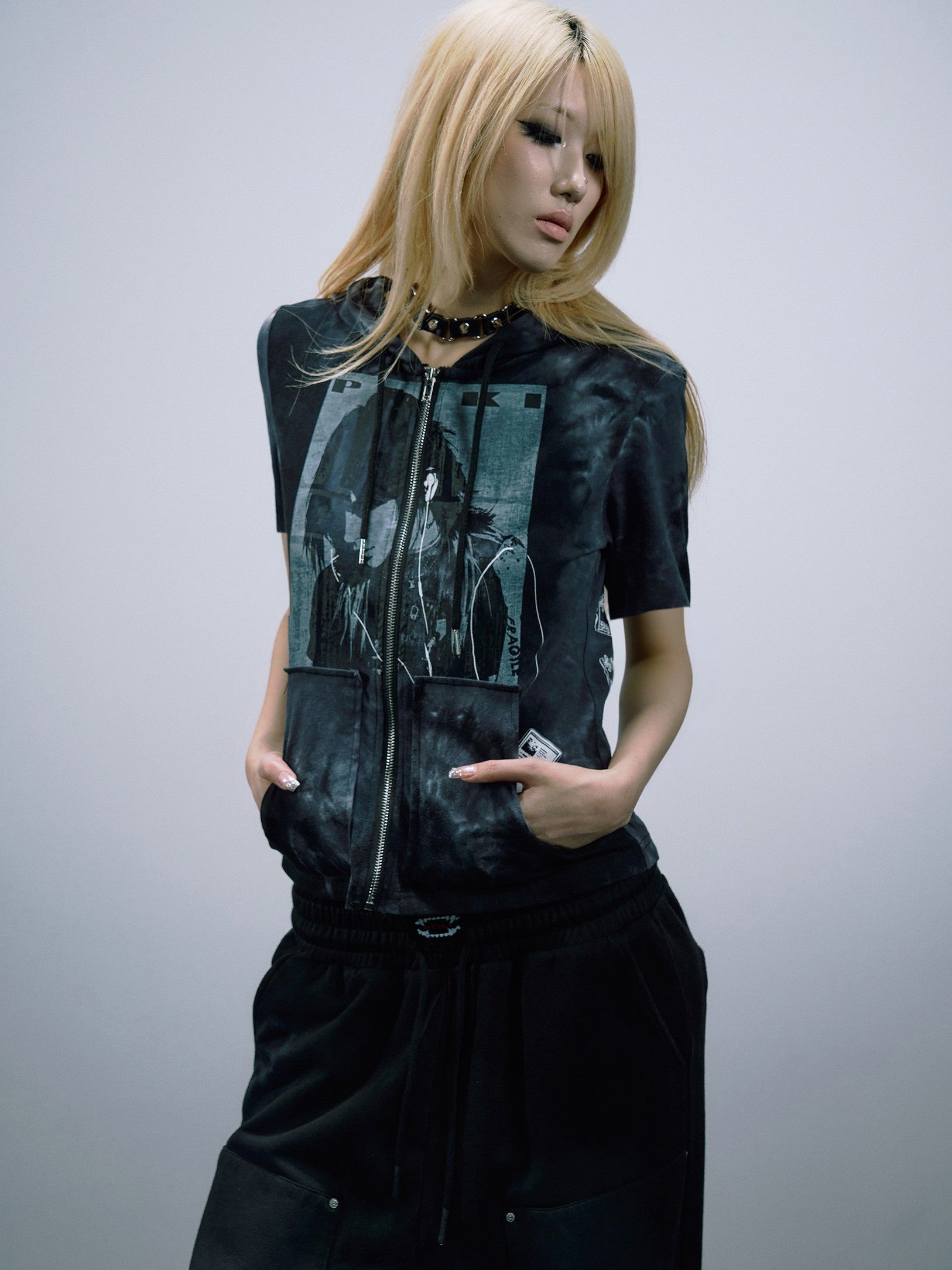 shimmering iridescent‑foil prints elevate this Y2K trendy outfit, producing shifting metallic hues and flashy retro‑futuristic charm for eye‑catching modern street‑style looks.