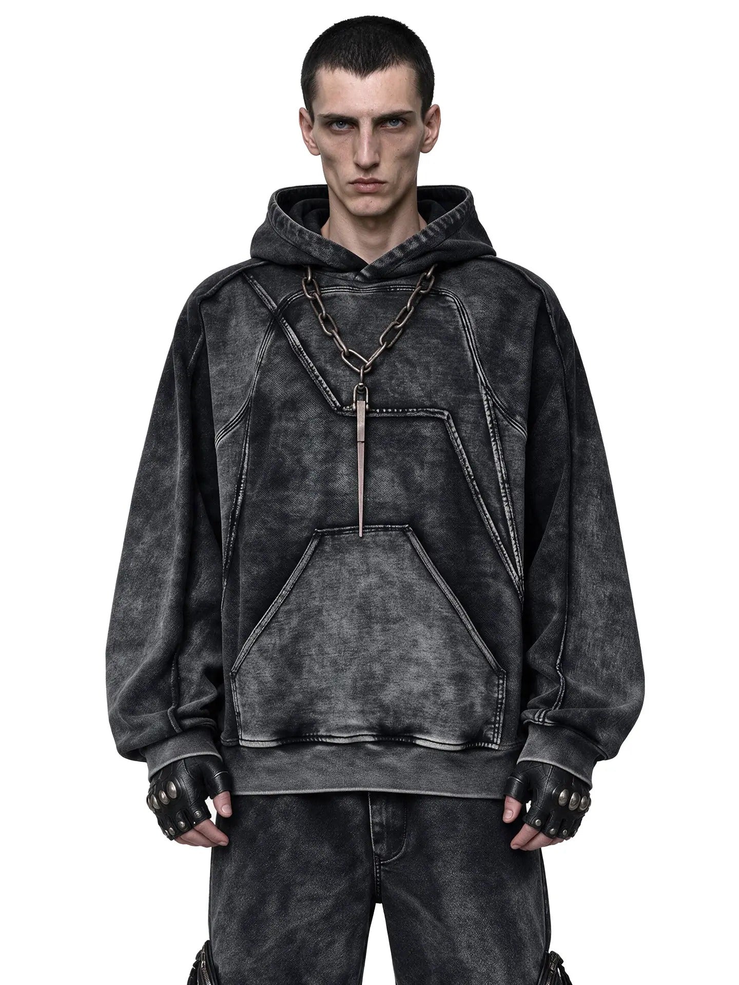 WASTELAND GEOMETRIC CUT SPLICED WASHED DISTRESSED STREETWEAR HOODIE Secondary image