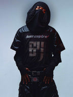 Matte-black dark goth streetwear, non-gloss matte black tone shapes low-key goth aesthetics.