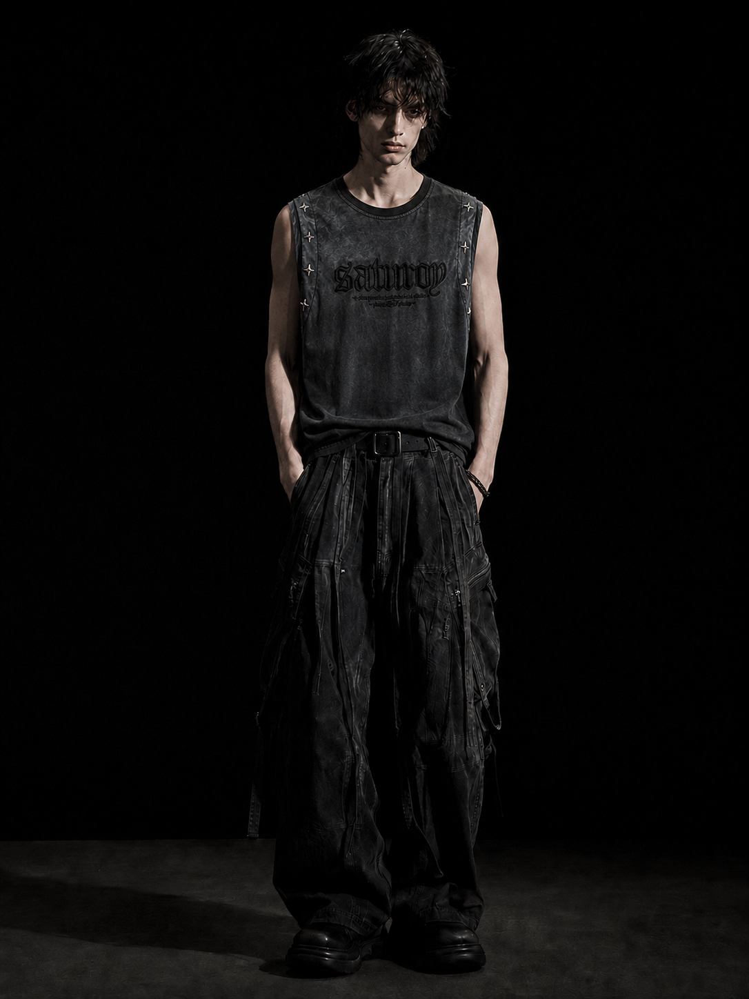 Metal decor edgy punk apparel, sharp metal ornaments highlight bold punk temperament.