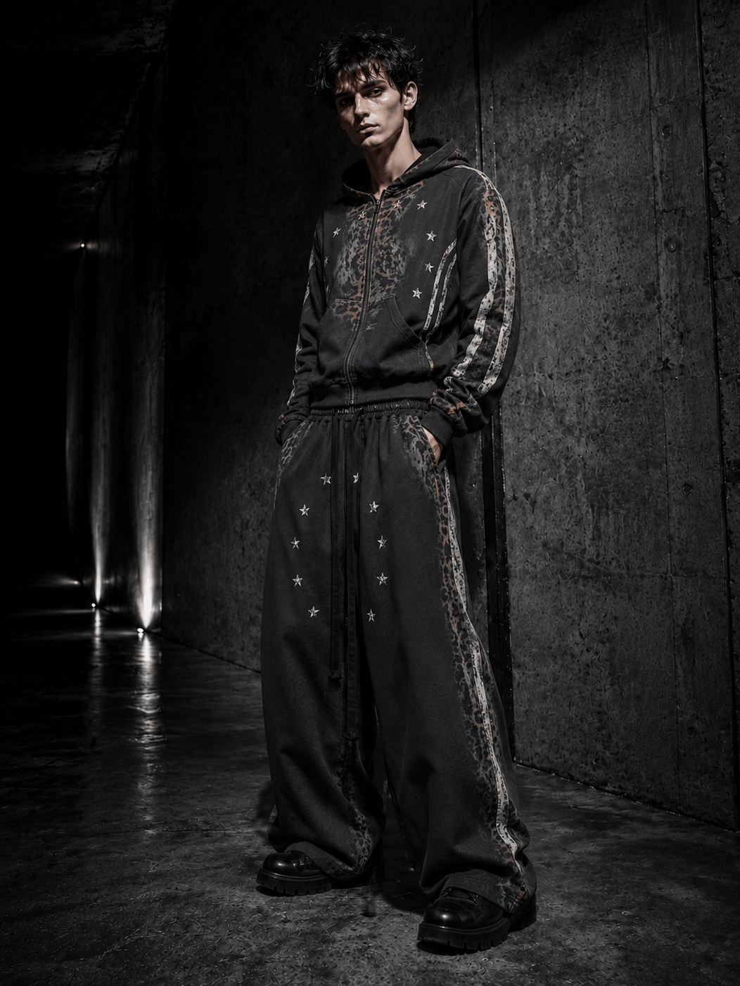 Monogram print luxury urban apparel, repeated monogram printing delivers sophisticated upscale texture.