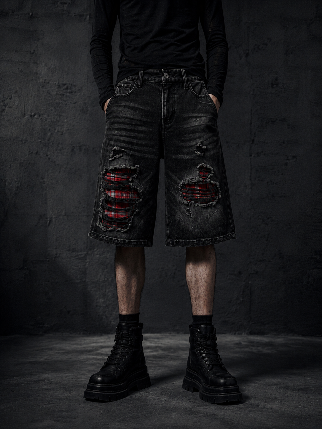 MEN'S RED PLAID RIPPED CROPPED RETRO DENIM PANTS Secondary image
