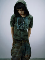 hand‑sewn patched‑fabric panels build this reworked grunge garment, with mixed‑textile splicing details to create rugged one‑of‑a‑kind aesthetics for alternative street‑wear styling.