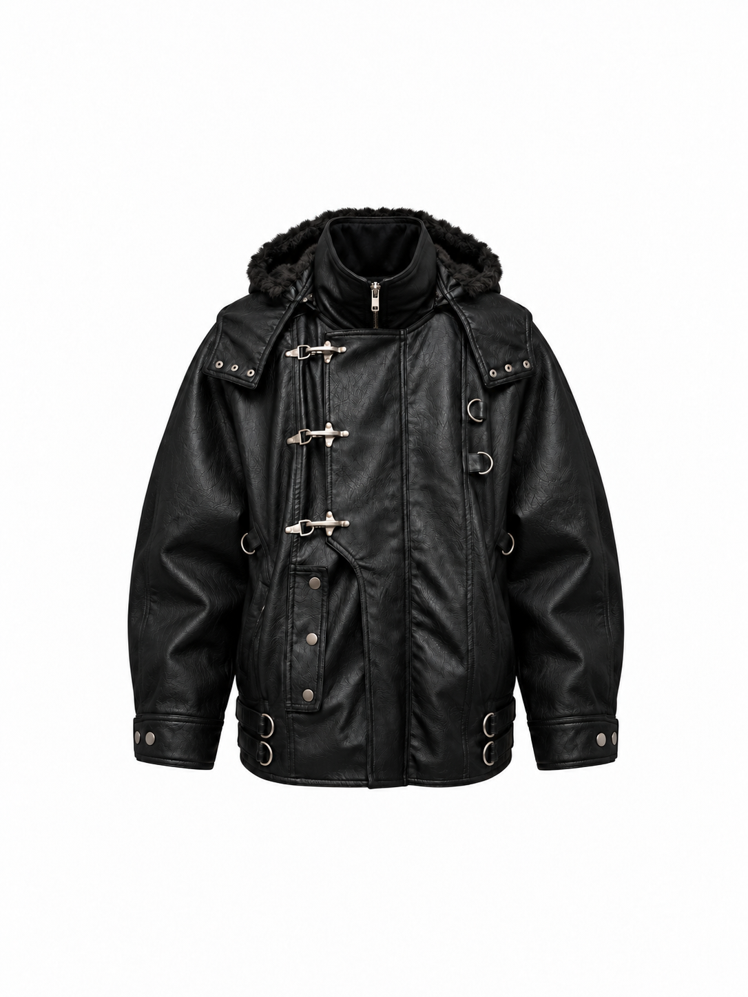 HEAVYWEIGHT MOTO LEATHER JACKET HOODED COAT, AIRPLANE BUTTON PLACKET, PLUSH LINING Secondary image