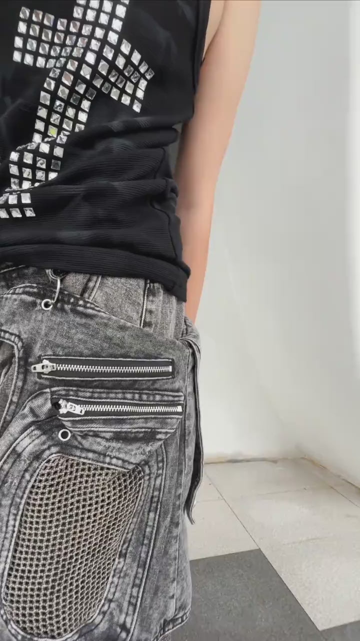 HEAVYWEIGHT PANELLED CARGO DENIM JEANS WITH REMOVABLE WAIST BAG