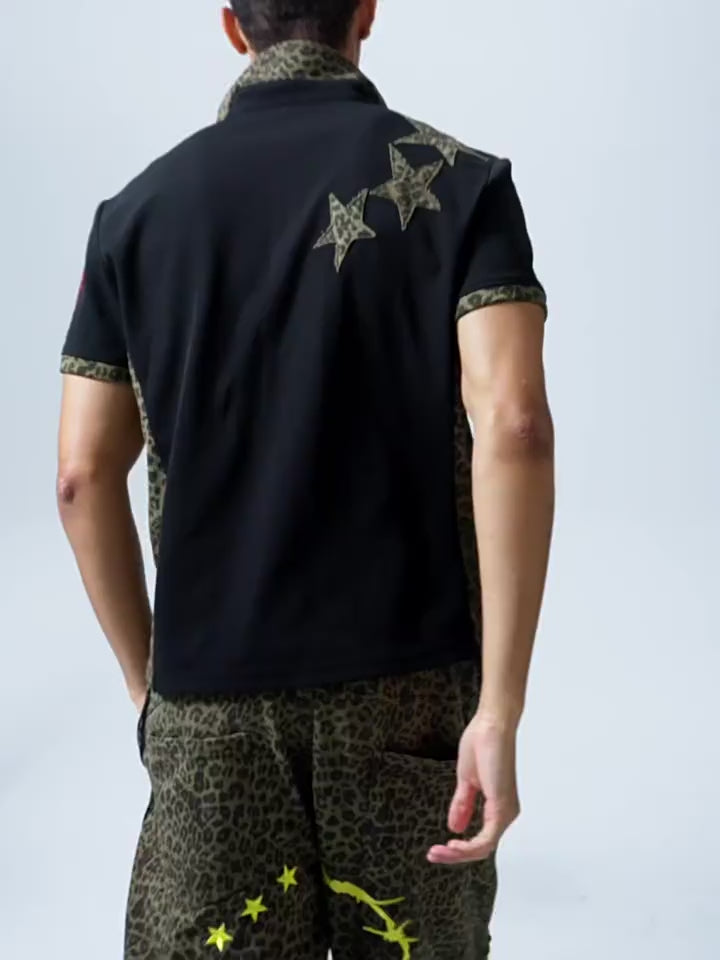 PRINTED AND LEOPARD-PRINT PANEL POLO SHIRT
