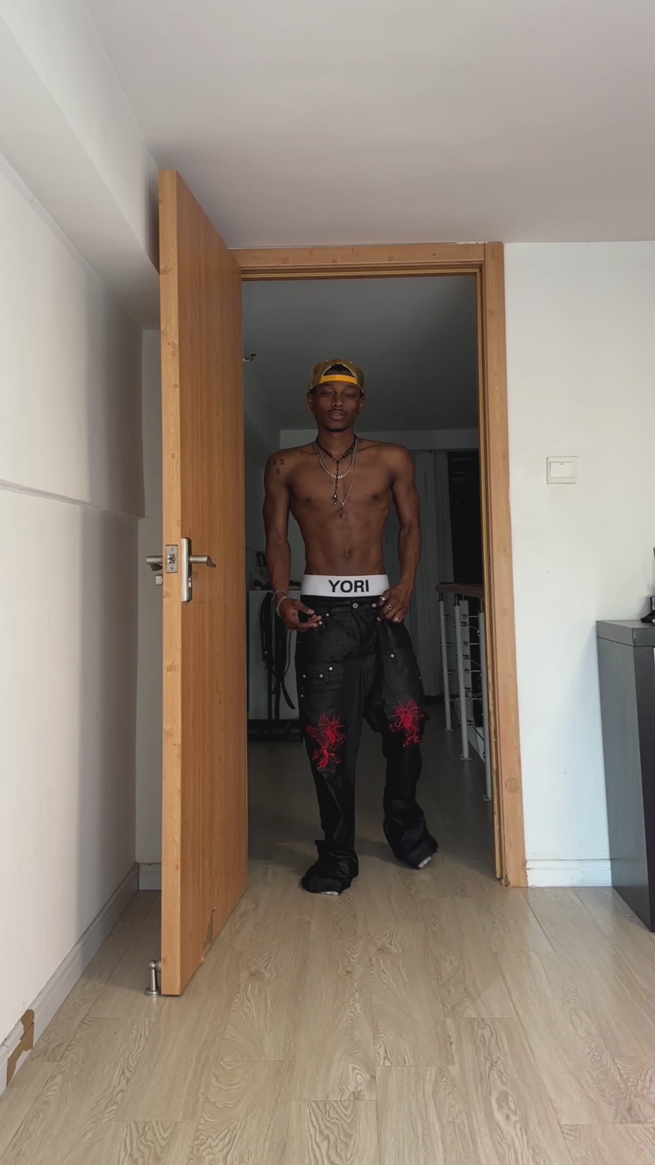 DARKPTPTS RED COATED SILHOUETTE RIVET PANTS
