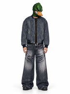Pumpkin head grunge overshirt featuring eerie pumpkin-head graphic and worn grunge wash, crafted with a relaxed open overshirt silhouette.