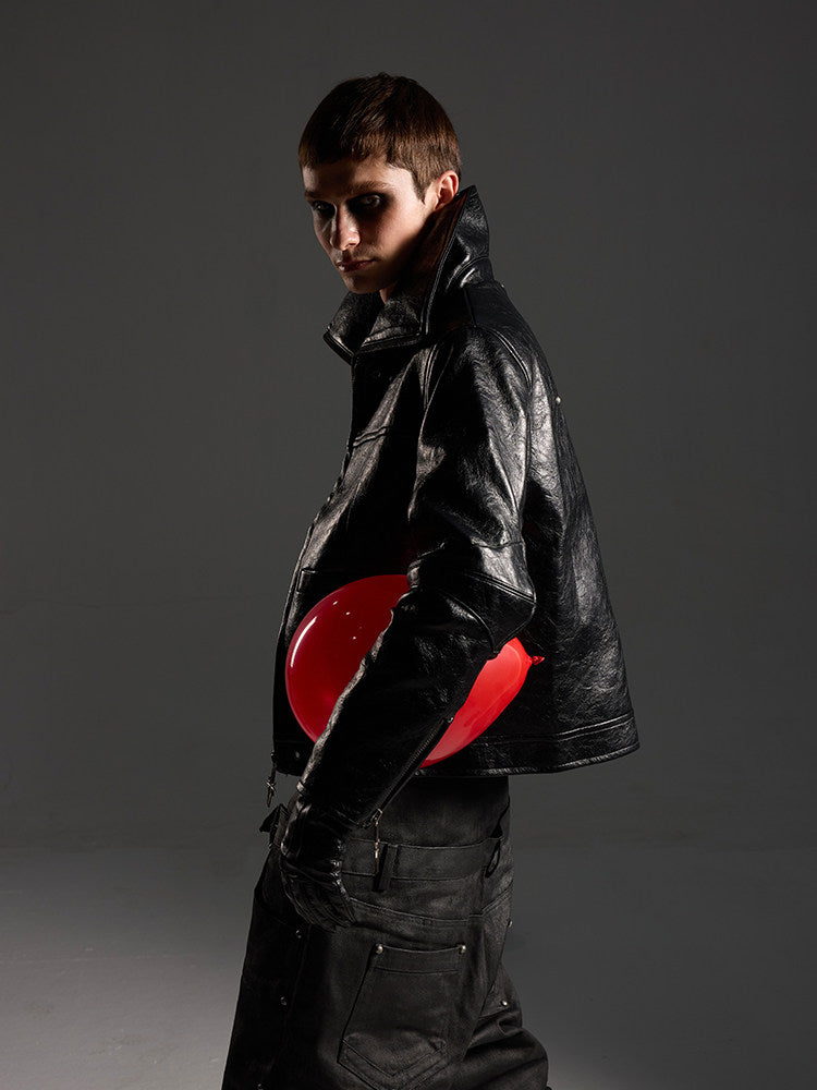 DARKPTPTS VINTAGE DARK CRACKED CROPPED PU LEATHER BIKER JACKET