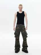 Raw-edge faded alternative dark trousers with frayed unfinished hems and muted worn wash, delivering rugged underground texture for moody dark street fits.