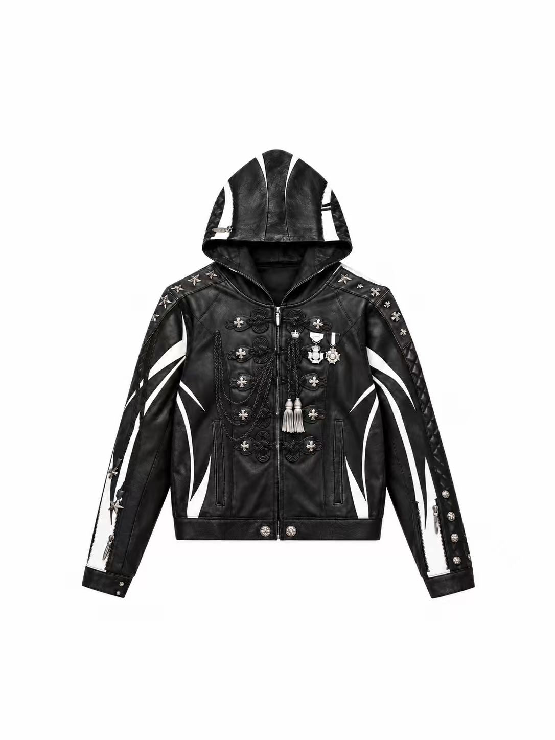 OPTICAL ILLUSION PRINT FAUX LEATHER DARK COURT BADGE TASSEL CROPPED SLIM HOODIE Secondary image