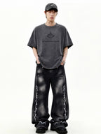 Rip-repair-patch distressed denim, artistic rip details paired with vintage repair patches create authentic worn-in texture. Grunge distressed design fits alternative streetwear and retro casual matching.