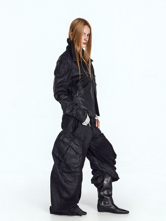 Stacked cuff punk cargo jeans feature stacked cuff design and multi cargo pockets, capturing raw punk street attitude.