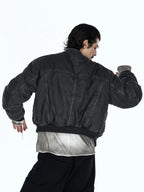 Stencil print street cargo jacket showcases stencil-style graphic print and multi cargo pockets for authentic urban streetwear look.