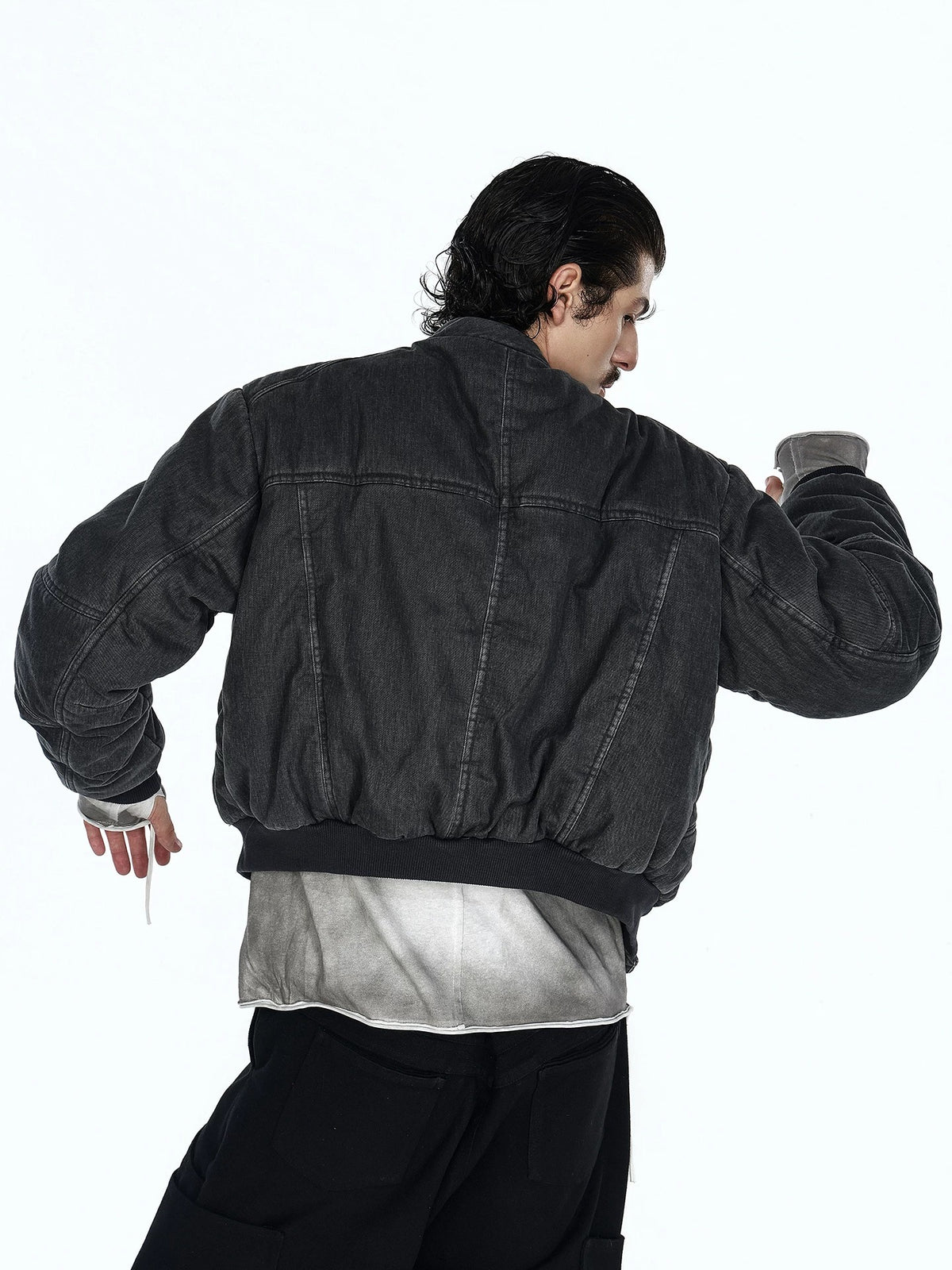 Stencil print street cargo jacket showcases stencil-style graphic print and multi cargo pockets for authentic urban streetwear look.