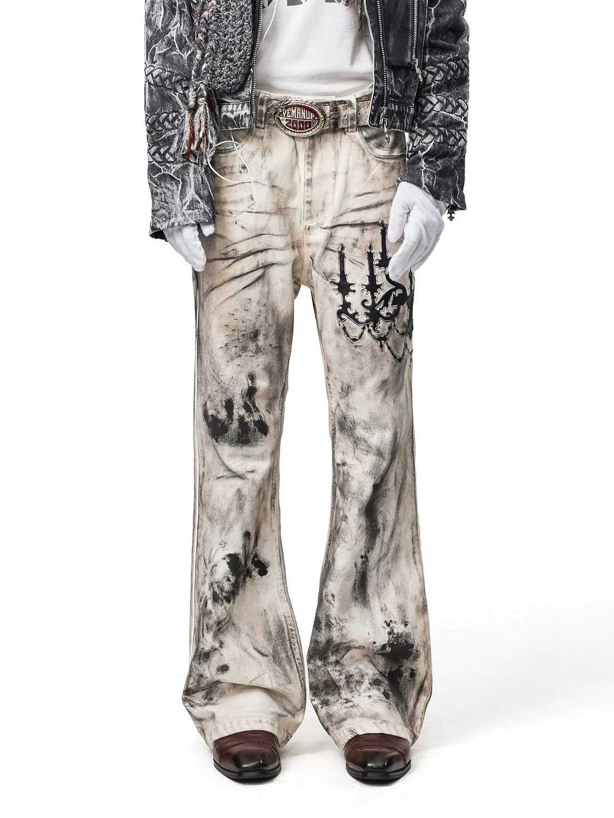Streetstyle spliced panel distressed shorts feature spliced panel construction and worn distressed details for edgy street aesthetics. Main image