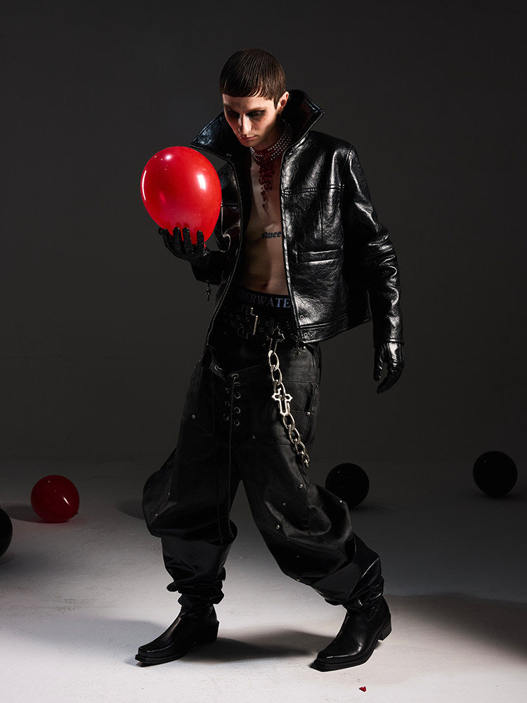 ジャケット・アウター DARKRTPTS jacket DARKPTPTS VINTAGE DARK CRACKED CROPPED PU LEATHER BIKER JACKET