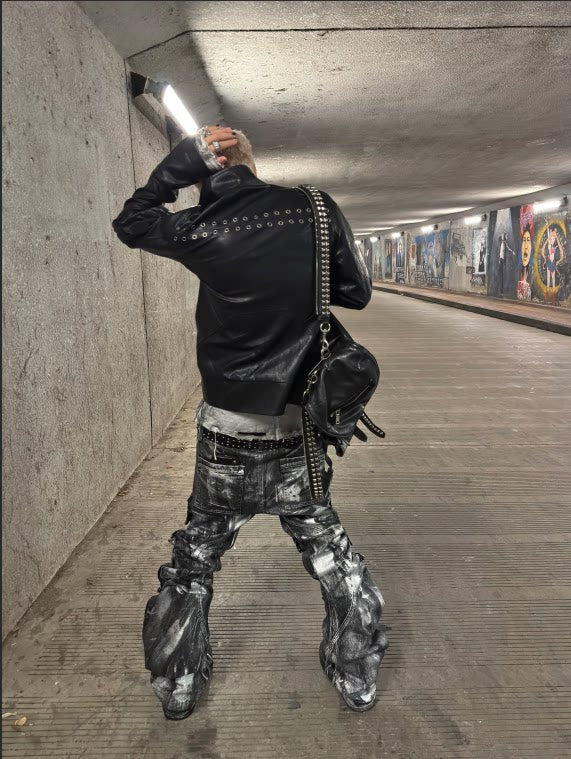 These vintage dyed denim edgy street pants deliver rugged aesthetics for modern streetwear outfits.