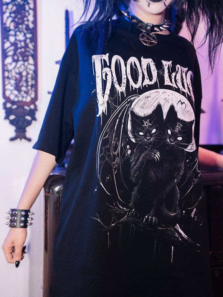 DARK ROCK Y2K GOTH PUNK ANIME TWO-HEADED CAT T-SHIRT Secondary image