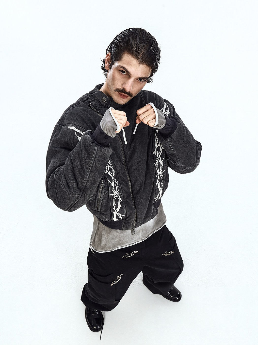 Worn texture street pullover showcases vintage worn texture and loose silhouette for authentic lived-in streetwear appeal.